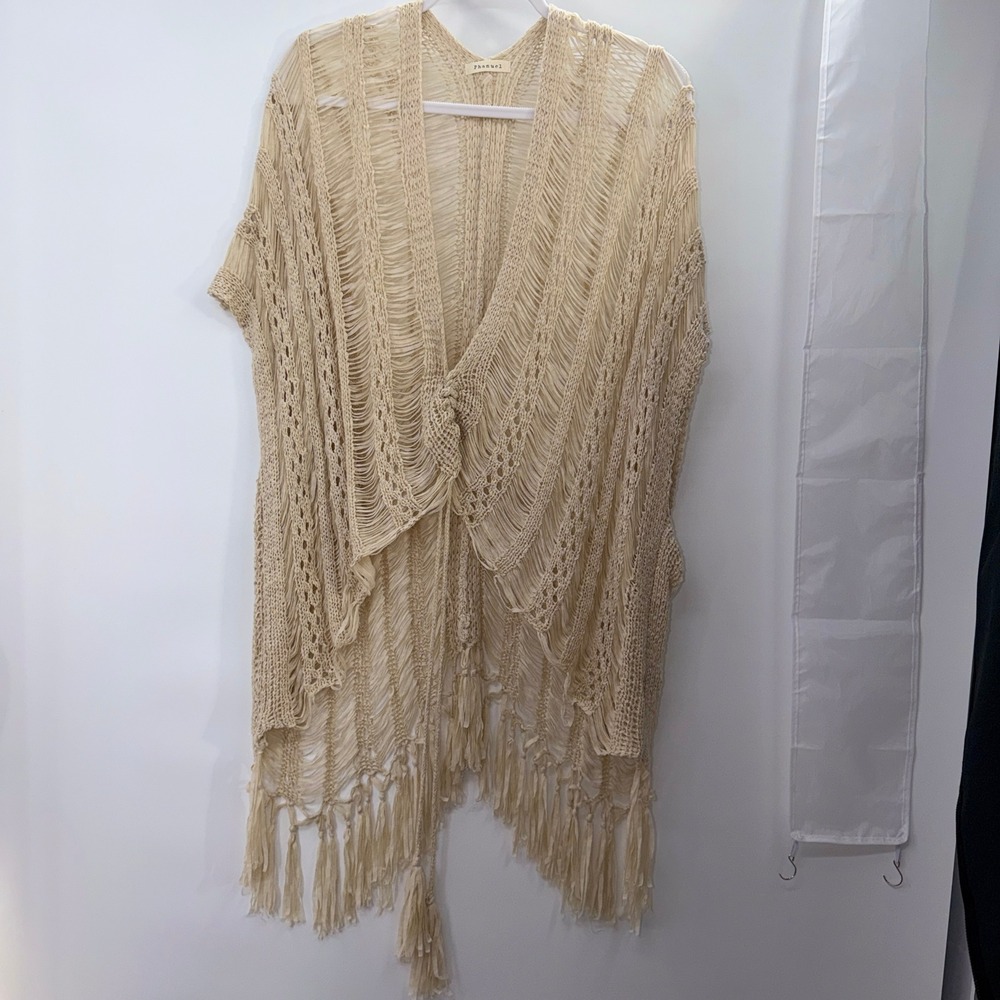 Phanuel Womens OS Cream Crochet Fringe Festival Boho Coastal Beach Coverup